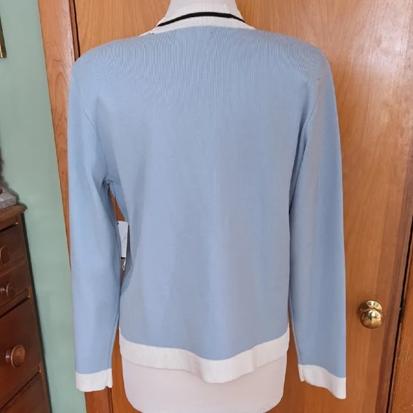 NWT Karl Lagerfeld Open Front Cardigan - Chambray Blue/Soft White - Size M - Picture 3 of 5